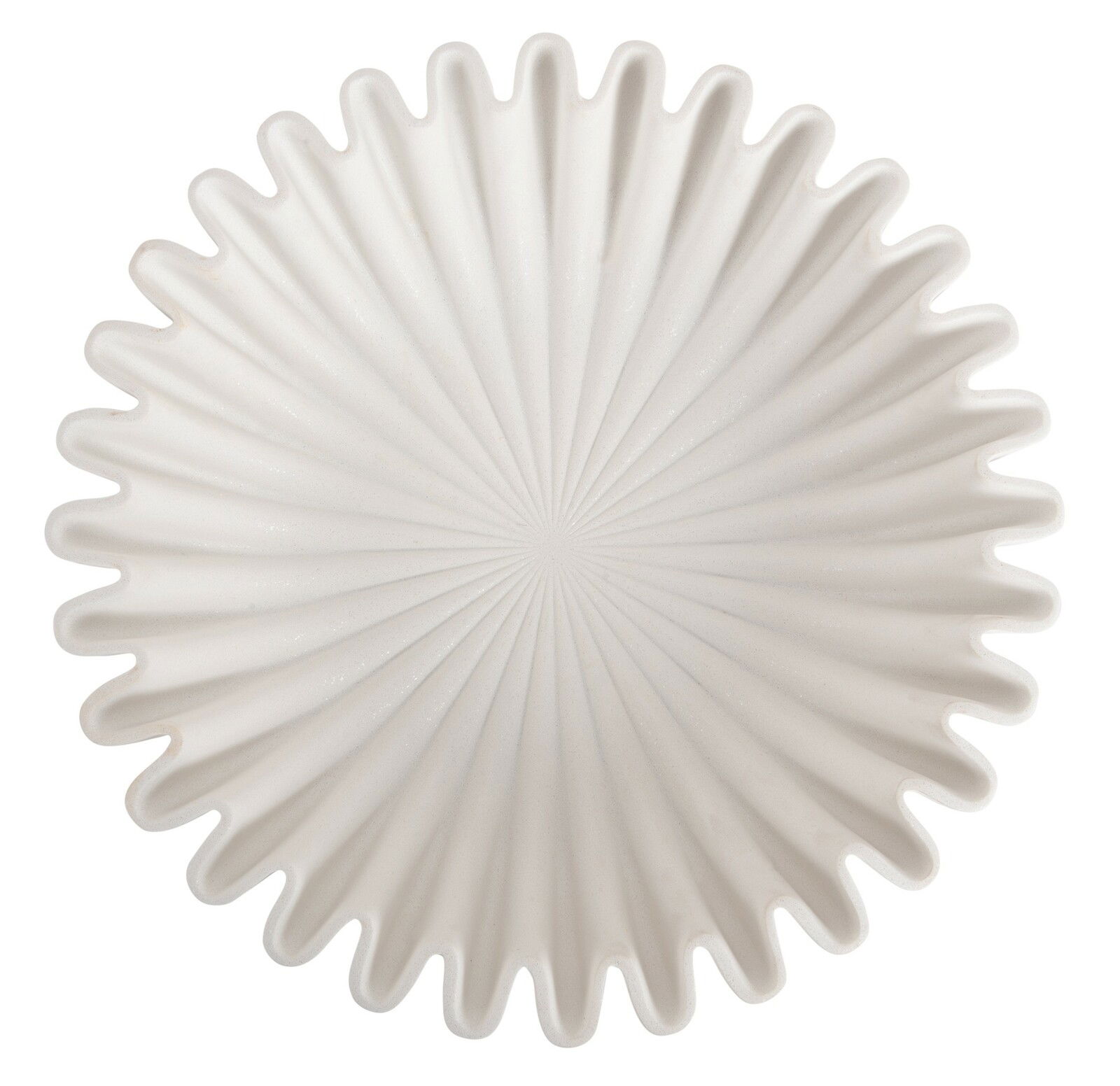 Große weiße Schale mit wellenförmigem Rand, von oben betrachtet.