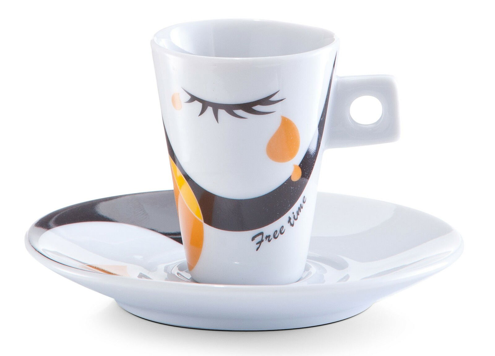 Espresso-Tasse mit Untertasse, dekoriert mit einem stilisierten Gesicht und der Aufschrift 'Free time', seitliche Perspektive
