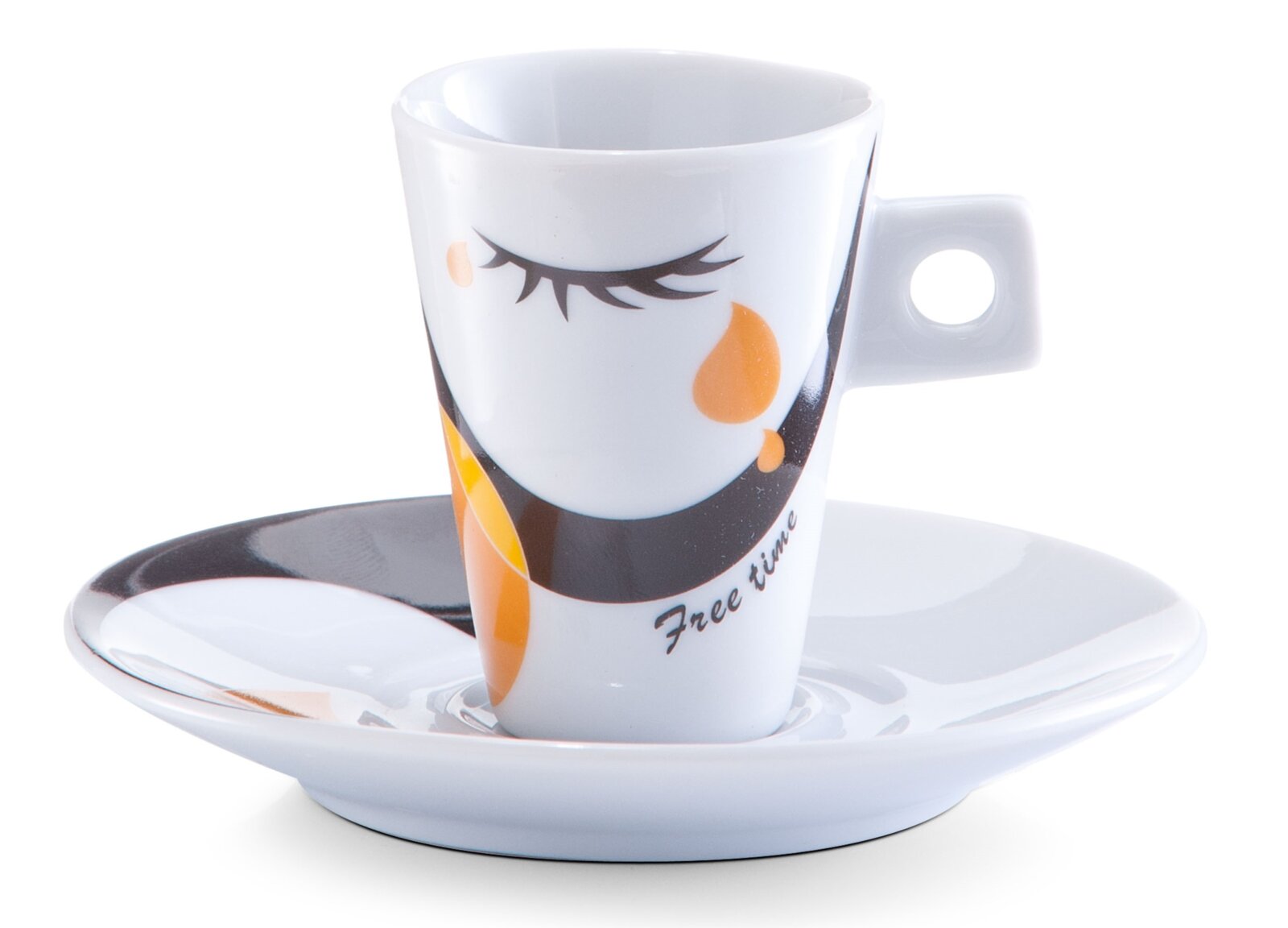 Espresso-Tasse mit Untertasse, dekoriert mit einem stilisierten Gesicht und der Aufschrift 'Free time', seitliche Perspektive