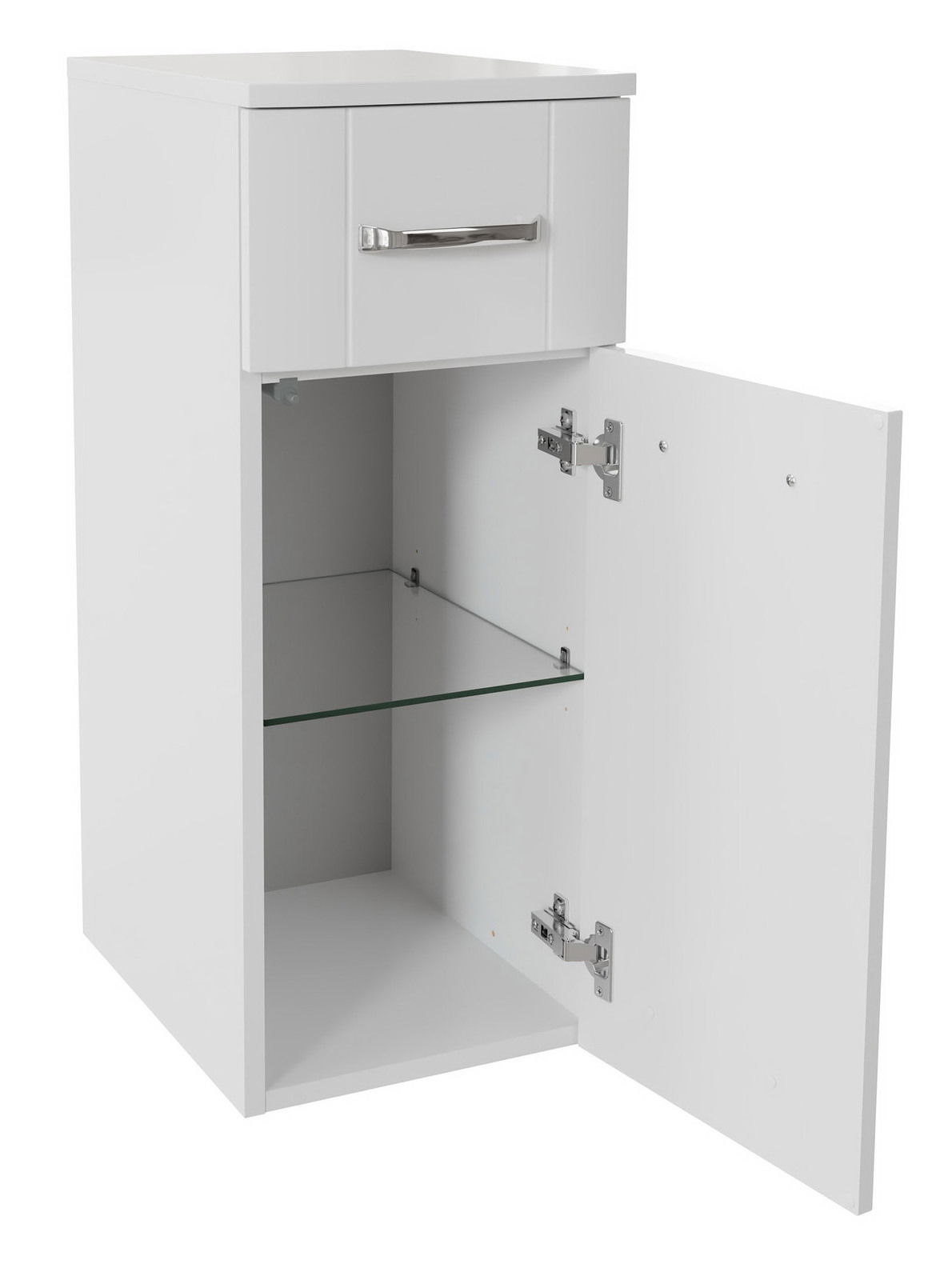 XORA Unterschrank SERIE 3006 Weißer Unterschrank mit einer Schublade und einer offenen Tür, die einen Einlegeboden zeigt, Perspektive von vorne.