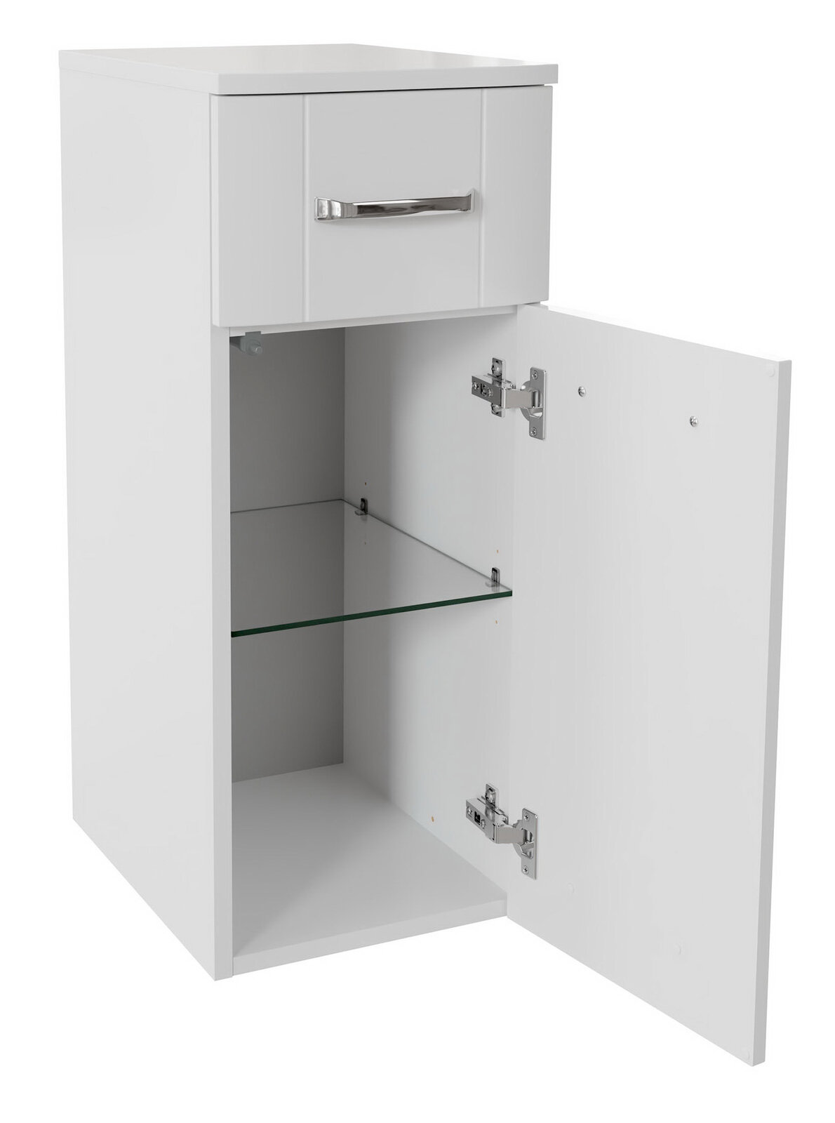 XORA Unterschrank SERIE 3006 Weißer Unterschrank mit einer Schublade und einer offenen Tür, die einen Einlegeboden zeigt, Perspektive von vorne.