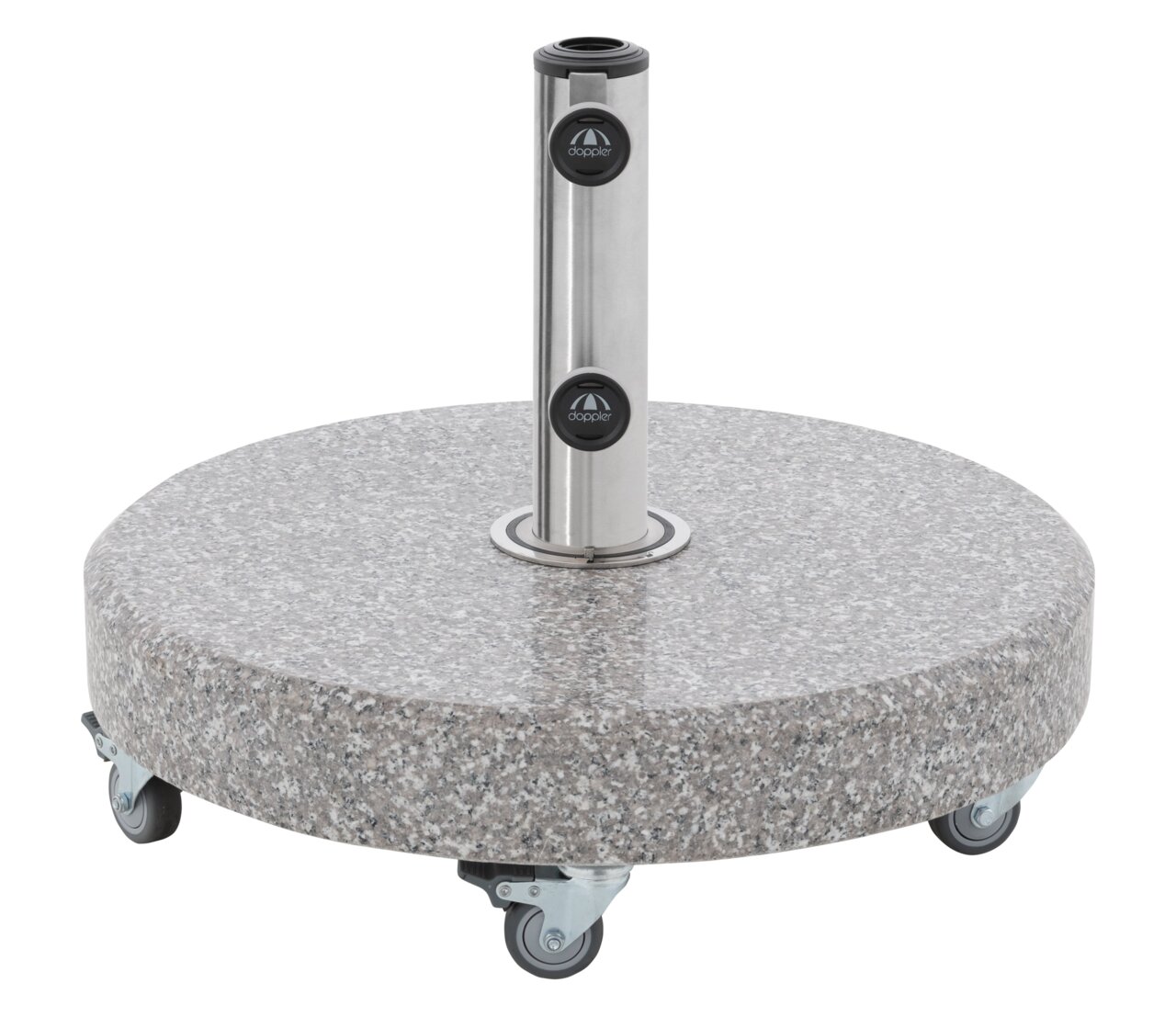 Granit-Sonnenschirmständer mit Rollen, seitliche Perspektive