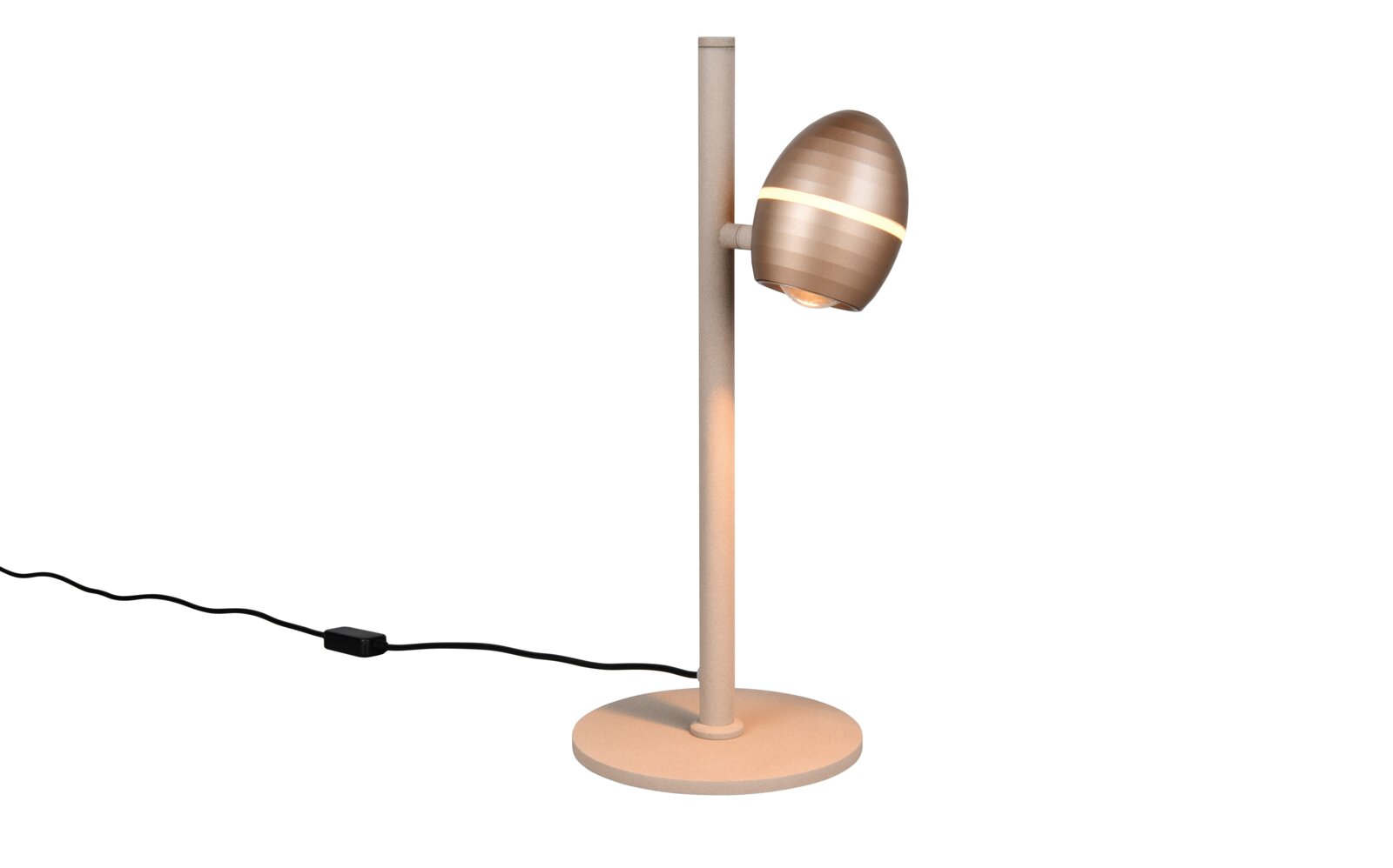 TRIO SELECT LED-tafellamp BEDFORD Moderne beige tafellamp met ronde voet en cilindrische staander, ovale verstelbare lampkop met lichtband en snoer met schakelaar, zijaanzicht op witte achtergrond