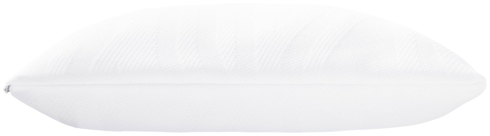 Seitliche Ansicht eines weißen Schlafkissens, 80 x 40 cm, mit strukturierter Oberfläche.