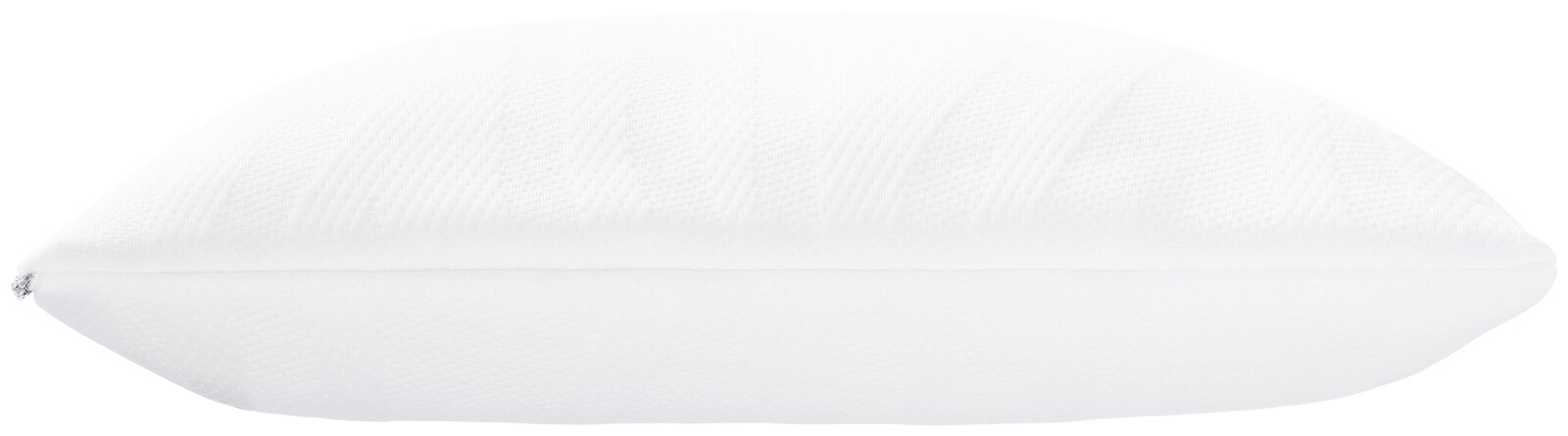 Seitliche Ansicht eines weißen Schlafkissens, 80 x 40 cm, mit strukturierter Oberfläche.