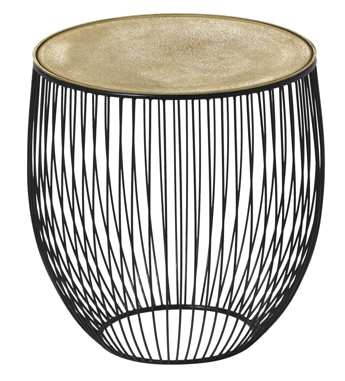 Moderner Beistelltisch mit schwarzem Drahtgestell und goldener Tischplatte, seitliche Perspektive