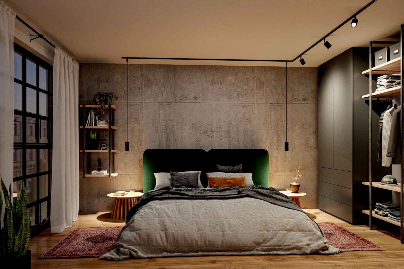 Modernes Schlafzimmer mit grünem Polsterbett vor Betonwand, Holz-Nachttischen, Regal und offenem Kleiderschrank, frontal aus leicht erhöhter Perspektive aufgenommen.