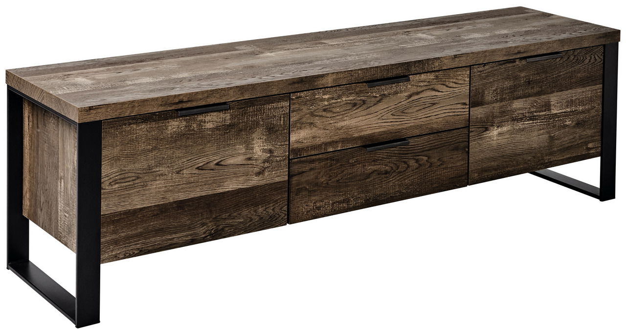 TV-Möbel aus dunklem Holz mit Metallrahmen, seitliche Perspektive