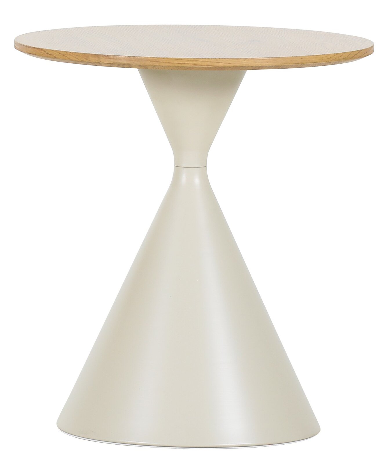 Stylife Beistelltisch AMALYA Runder Beistelltisch mit heller Holzplatte und konischem, sandfarbenem Fuß, freigestellt auf weißem Hintergrund, Frontansicht auf Augenhöhe.