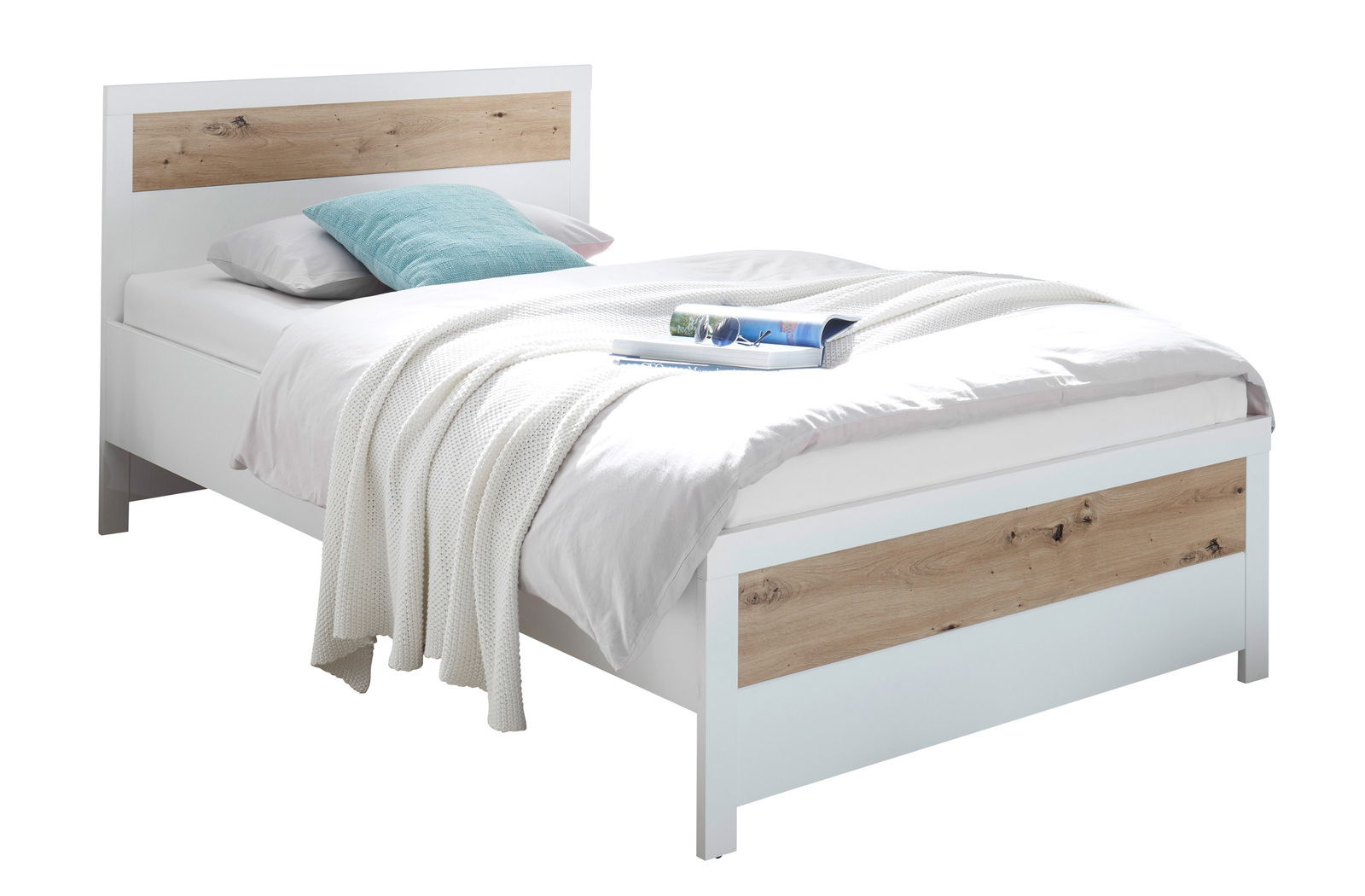 Einzelbett in Weiß mit Holzverkleidung an Kopf- und Fußteil, seitliche Perspektive