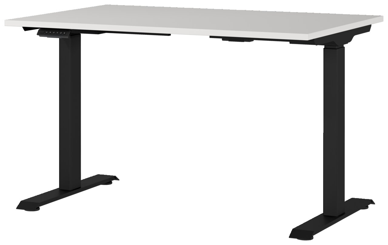 Modern elektrisch bureau met wit tafelblad en zwarte, in hoogte verstelbare poten, zijaanzicht