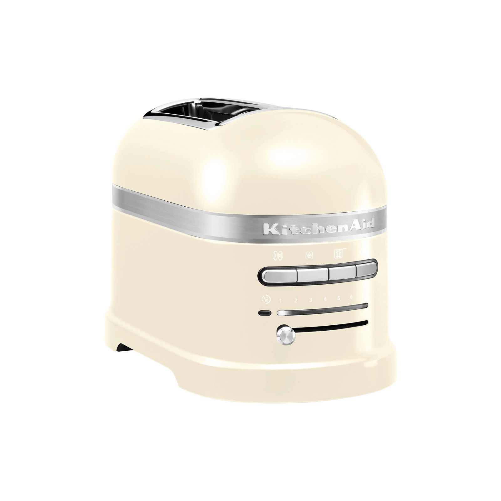Beigefarbener 2-Scheiben-Toaster mit Edelstahlakzenten, seitliche Ansicht