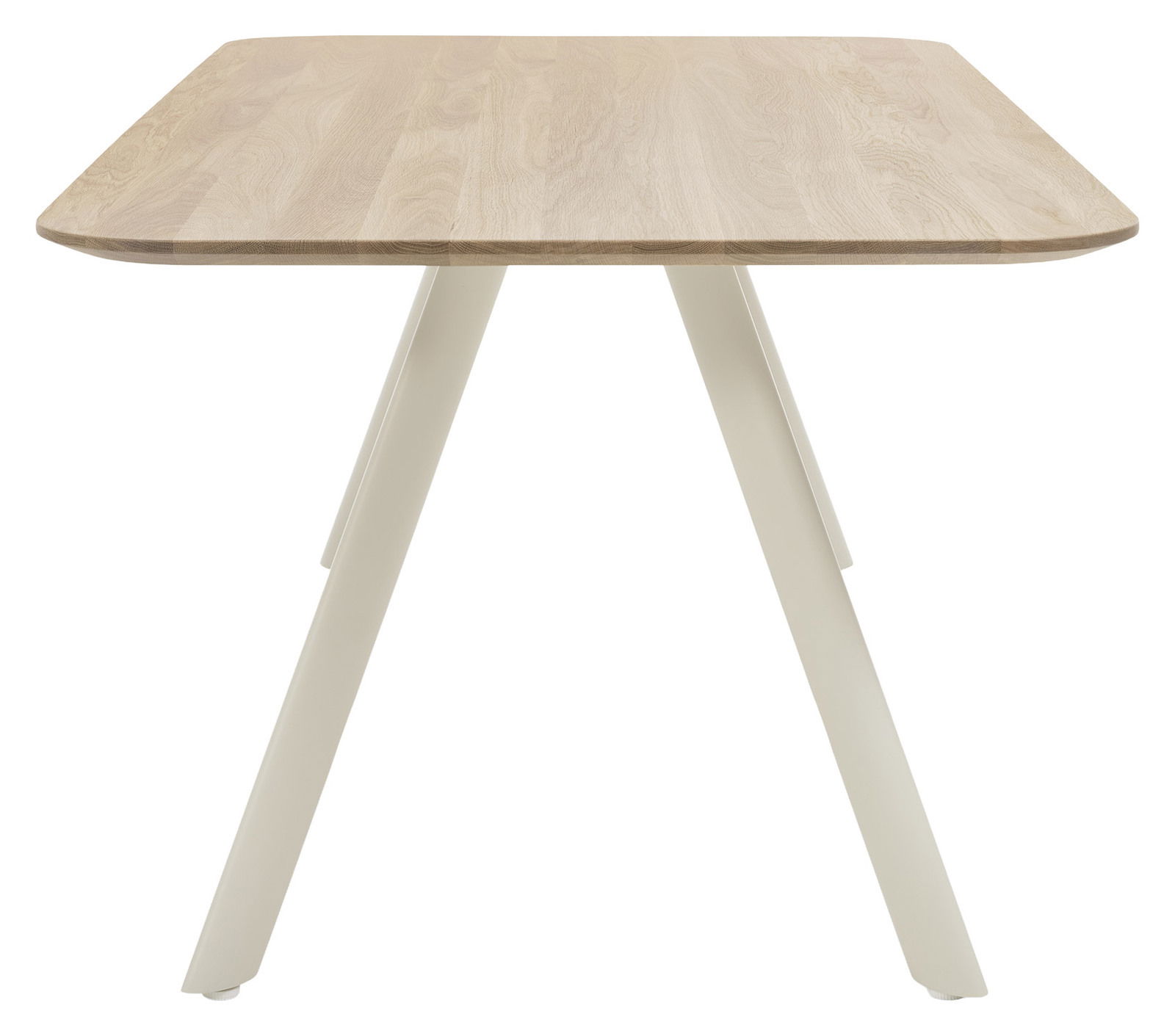 Moderner Esstisch mit Holzplatte und weißen Metallbeinen, seitliche Perspektive