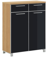 Schuhkommode mit Holzoptik und schwarzen Hochglanzfronten, seitliche Perspektive