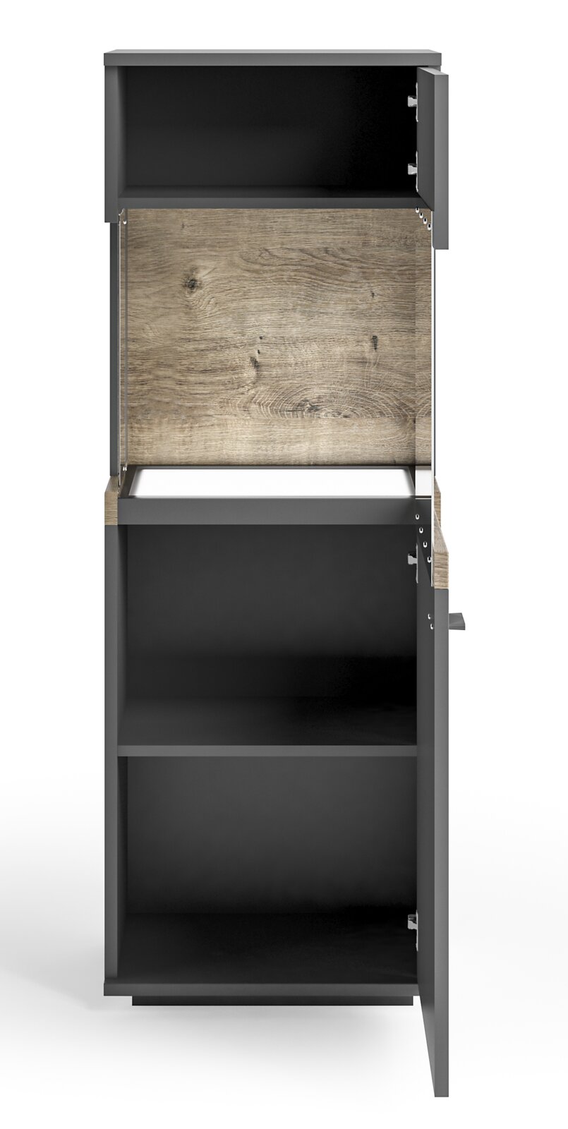 Vitrine mit geöffneter Tür, Holzrückwand und zwei Fächern, Frontalansicht