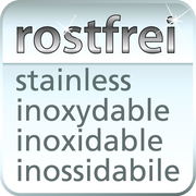 Nahaufnahme eines rostfreien Materials mit den Worten 'rostfrei', 'stainless', 'inoxydable', 'inoxidable', 'inossidabile'.