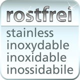 Nahaufnahme eines rostfreien Materials mit den Worten 'rostfrei', 'stainless', 'inoxydable', 'inoxidable', 'inossidabile'.