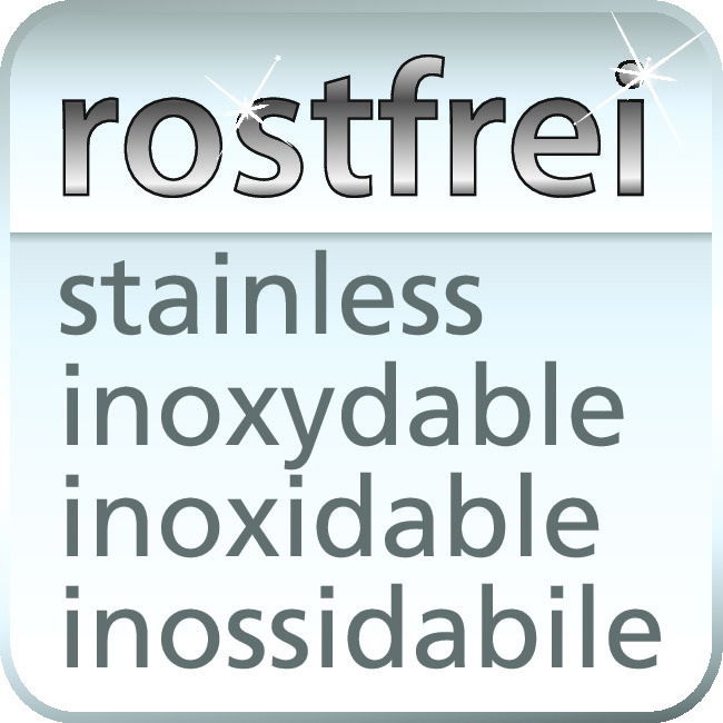 Nahaufnahme eines rostfreien Materials mit den Worten 'rostfrei', 'stainless', 'inoxydable', 'inoxidable', 'inossidabile'.