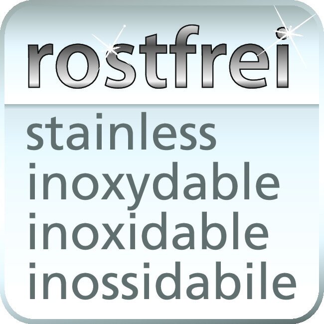 Nahaufnahme eines rostfreien Materials mit den Worten 'rostfrei', 'stainless', 'inoxydable', 'inoxidable', 'inossidabile'.