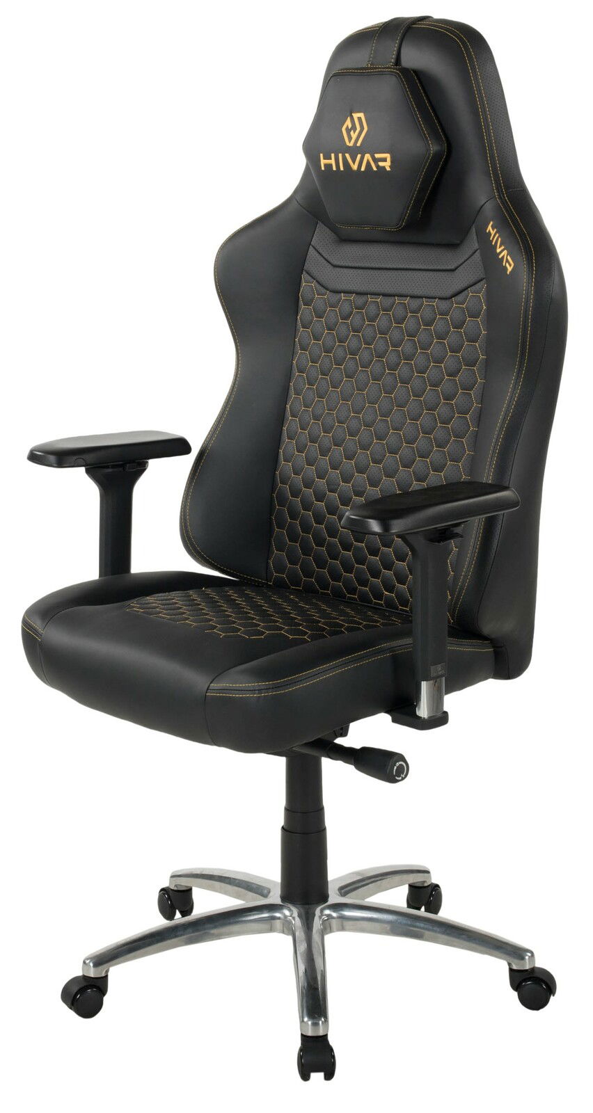 Schwarzer Gaming-Stuhl mit goldenen Nähten und sechseckigem Muster, seitliche Perspektive