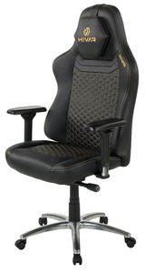 Schwarzer Gaming-Stuhl mit goldenen Nähten und sechseckigem Muster, seitliche Perspektive