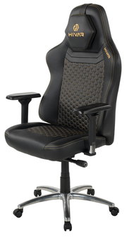 Schwarzer Gaming-Stuhl mit goldenen Nähten und sechseckigem Muster, seitliche Perspektive