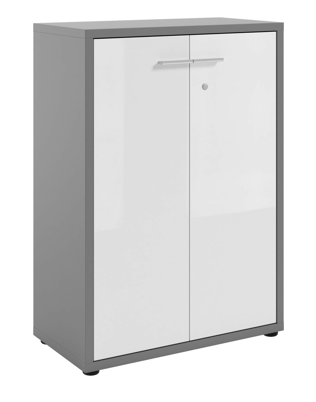 Moderner Aktenschrank mit grauem Korpus und weißen Türen, Frontalansicht