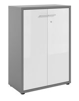 Moderner Aktenschrank mit grauem Korpus und weißen Türen, Frontalansicht