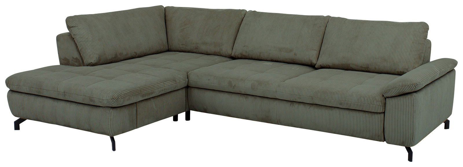 Grüne Polsterrundecke in L-Form mit gesteppten Sitzflächen und schwarzen Füßen, Perspektive von vorne links