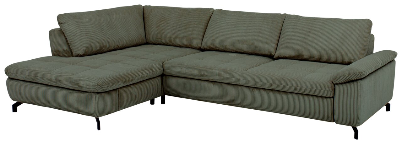 Beldomo Style Ecksofa SENSE Grüne Polsterrundecke in L-Form mit gesteppten Sitzflächen und schwarzen Füßen, Perspektive von vorne links