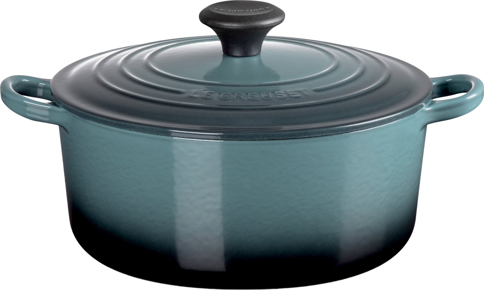 LE CREUSET Bräter 20cm OCEAN Le Creuset Bräter mit Deckel und zwei Griffen in glänzendem Blaugrün, frontal aus leicht erhöhter Perspektive vor weißem Hintergrund