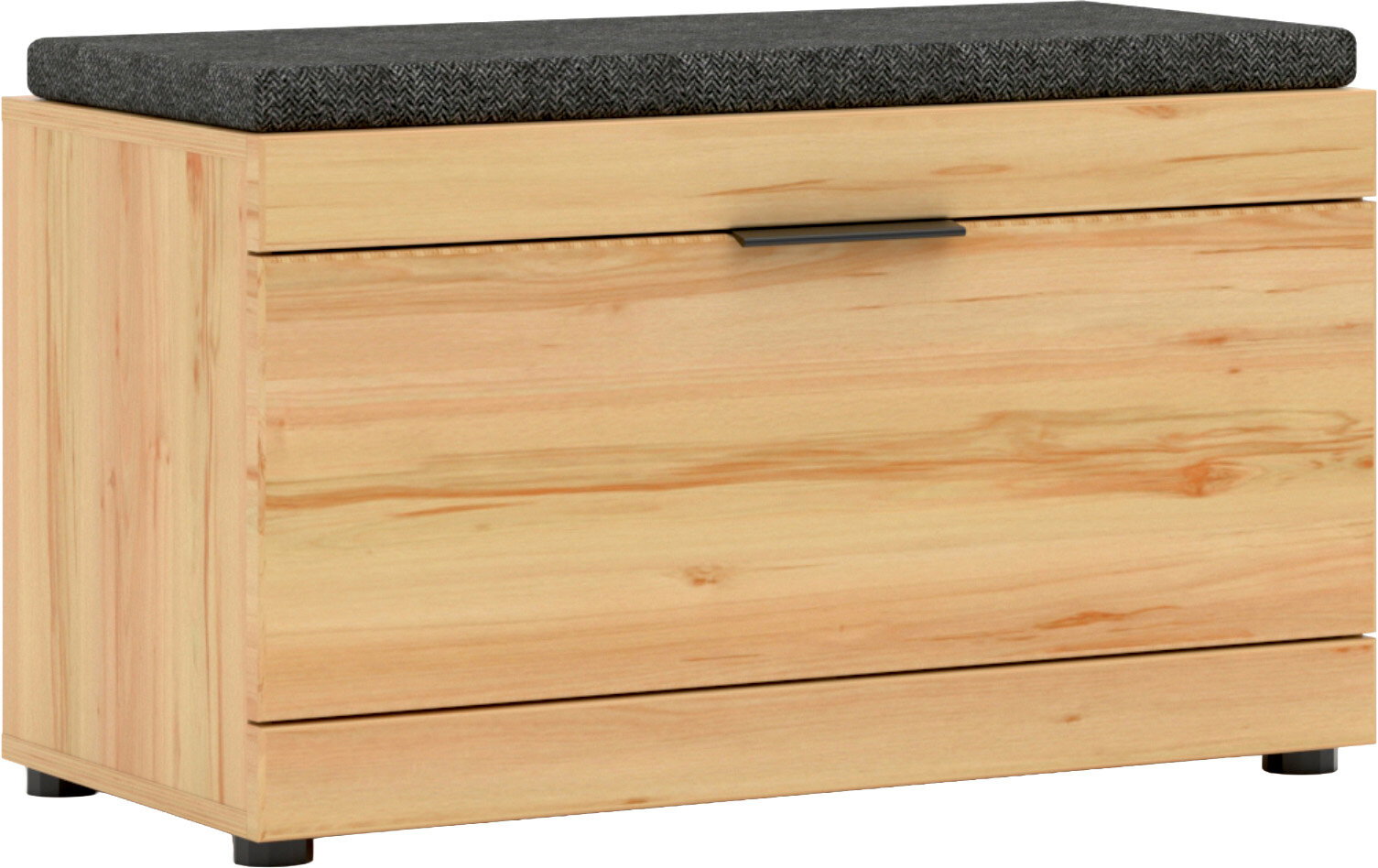 Holz-Sitzbank mit Stauraum und dunkelgrauem Sitzkissen, Frontansicht in leichter Schrägperspektive von links