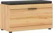 Holz-Sitzbank mit Stauraum und dunkelgrauem Sitzkissen, Frontansicht in leichter Schrägperspektive von links