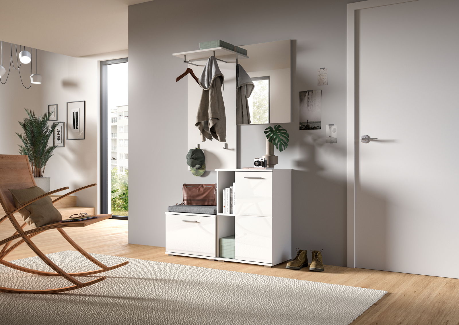 Moderner Flur mit Spiegel, Garderobe und Stauraum, seitliche Perspektive