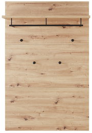 Garderobenpaneel aus hellem Holz mit schwarzer Kleiderstange und Haken, Frontalansicht
