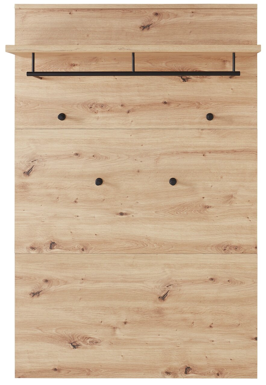 Garderobenpaneel aus hellem Holz mit schwarzer Kleiderstange und Haken, Frontalansicht