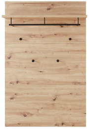 Garderobenpaneel aus hellem Holz mit schwarzer Kleiderstange und Haken, Frontalansicht