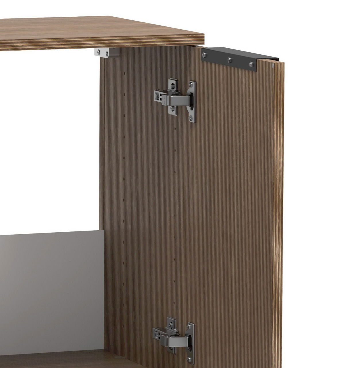 Detailansicht eines geöffneten Waschbeckenunterschranks mit Holzmuster und Metallscharnieren.