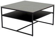 Moderner Beistelltisch mit quadratischer grauer Tischplatte und schwarzem Metallgestell, seitliche Perspektive