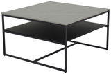 Moderner Beistelltisch mit quadratischer grauer Tischplatte und schwarzem Metallgestell, seitliche Perspektive
