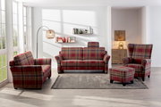 Wohnzimmer mit einem 3er-Sofa, Sessel und Hocker in rot-kariertem Stoff, von vorne betrachtet.