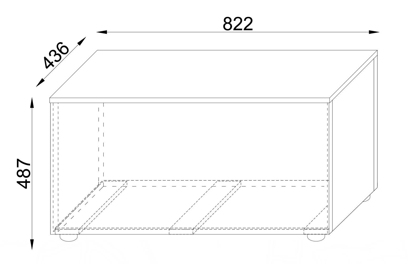 Technische Zeichnung eines rechteckigen Möbelkorpus/Lowboards mit Maßen 822 × 436 × 487 mm, gezeigt in schräger Frontansicht (Perspektive von vorne links).
