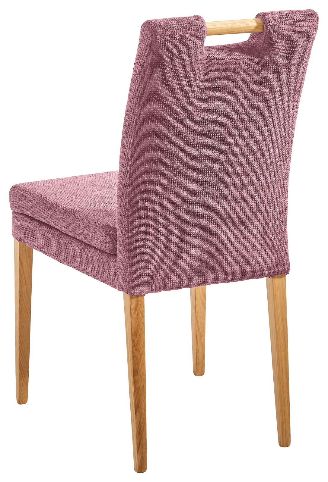 Rückansicht eines modernen Stuhls der Serie BARCELONA von Linea Natura mit rosa Stoffbezug und Holzbeinen.