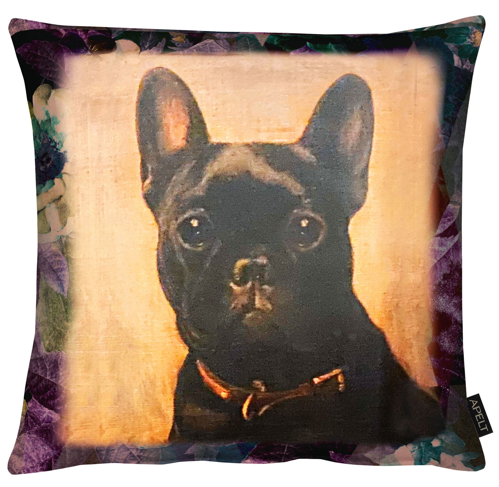 Apelt Kissenhülle 46X46 Kissenhülle 46x46 cm mit einem Bild eines schwarzen Hundes auf beigem Hintergrund, umgeben von einem floralen Muster. Frontalansicht.