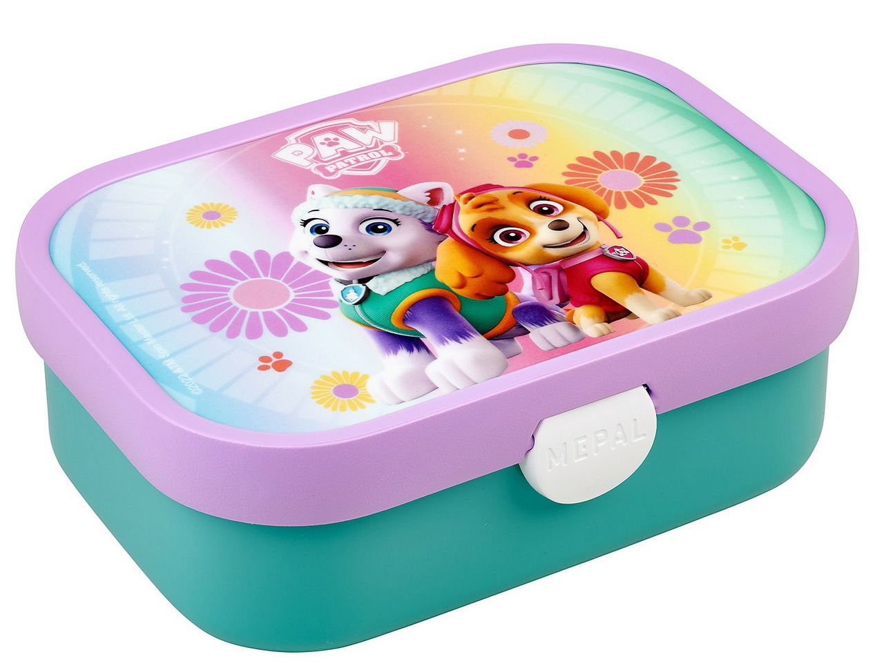 Lunchbox mit Paw Patrol Design, lila Deckel mit bunten Blumen und zwei Charakteren, seitliche Perspektive