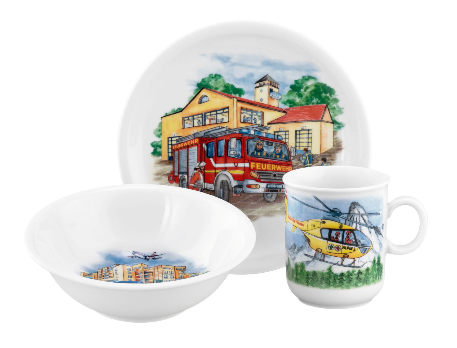 Kindergeschirr-Set mit Feuerwehr- und Rettungsfahrzeugmotiven, bestehend aus einem Teller, einer Schale und einer Tasse, aus der Vorderansicht fotografiert.