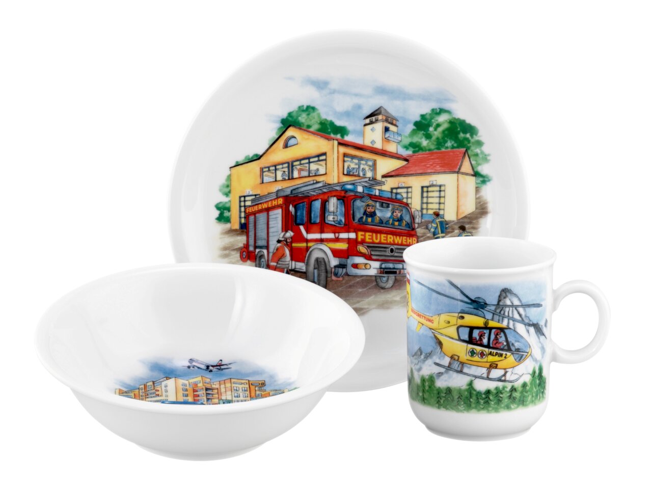 Kindergeschirr-Set mit Feuerwehr- und Rettungsfahrzeugmotiven, bestehend aus einem Teller, einer Schale und einer Tasse, aus der Vorderansicht fotografiert.