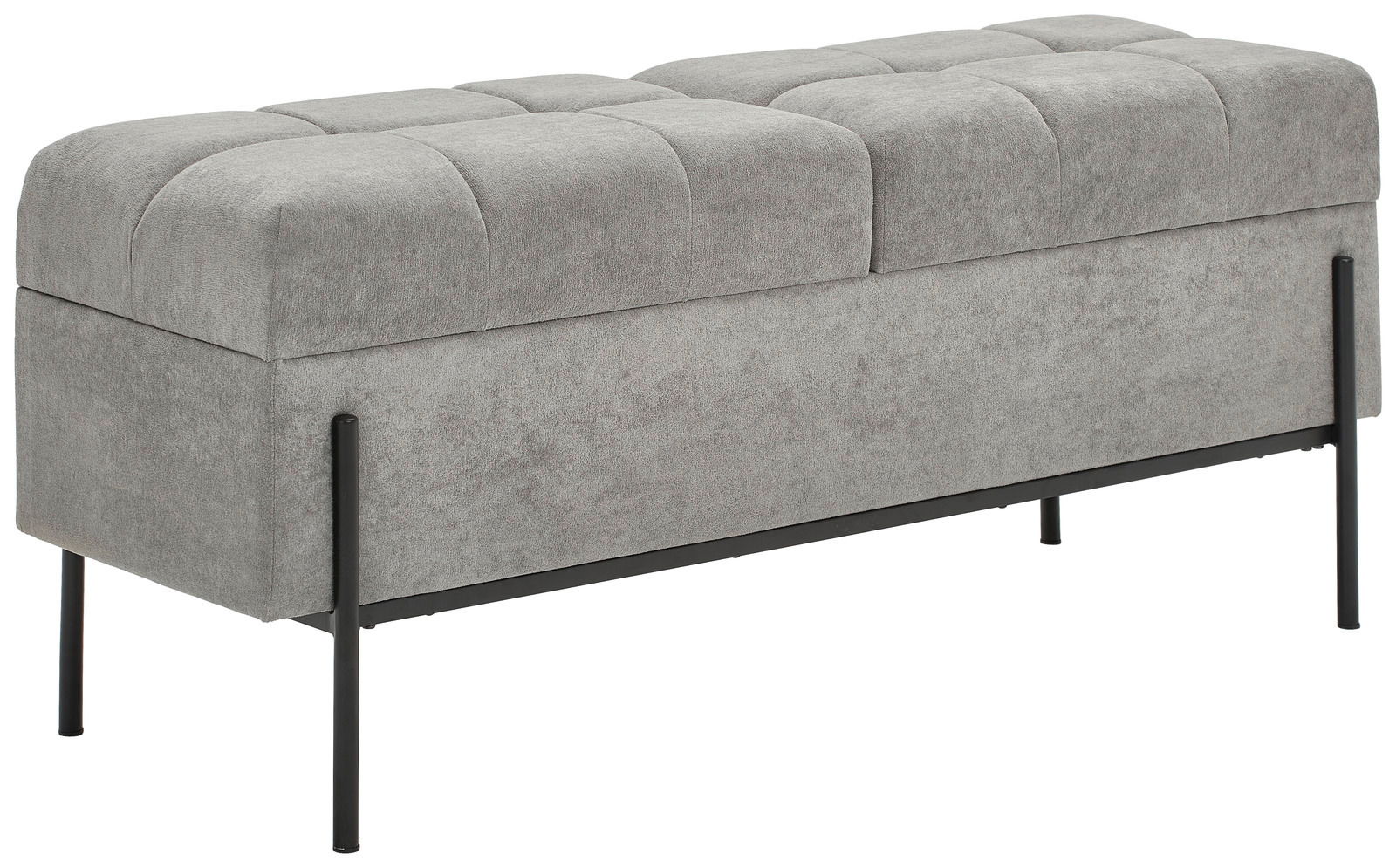 Graue Hockerbank mit Stauraum, seitliche Perspektive, gepolsterte Sitzfläche und schwarze Metallbeine.