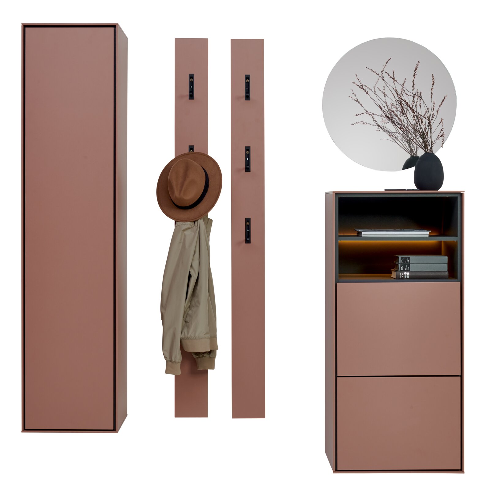 Voleo Garderobeset RENO Modulair garderobe- en opbergmeubel in oudroze met zwarte haaklijsten en een kastelement, vooraanzicht; rechts als dressoir met open plank, bovenaan versierd met een ronde spiegel en een vaas