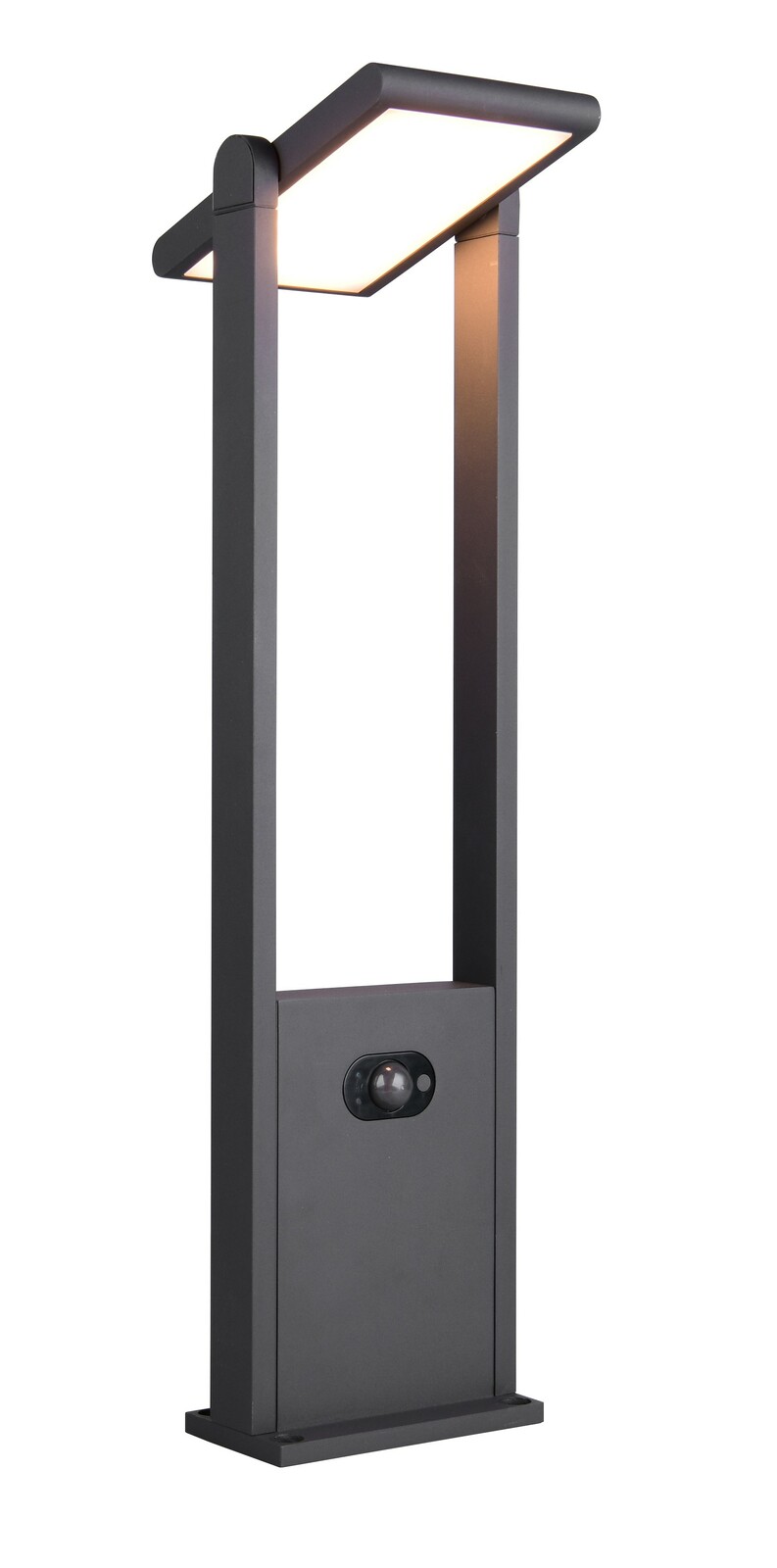 Moderne Außenleuchte mit rechteckigem Rahmen und integriertem Bewegungsmelder, seitliche Perspektive